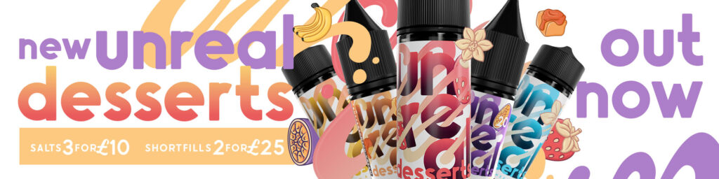 Unreal Desserts e-liquid by Dispergo Vaping out now. Available in both nicotine salts and shortfills. For all your vaping needs - Dispergo Vaping.